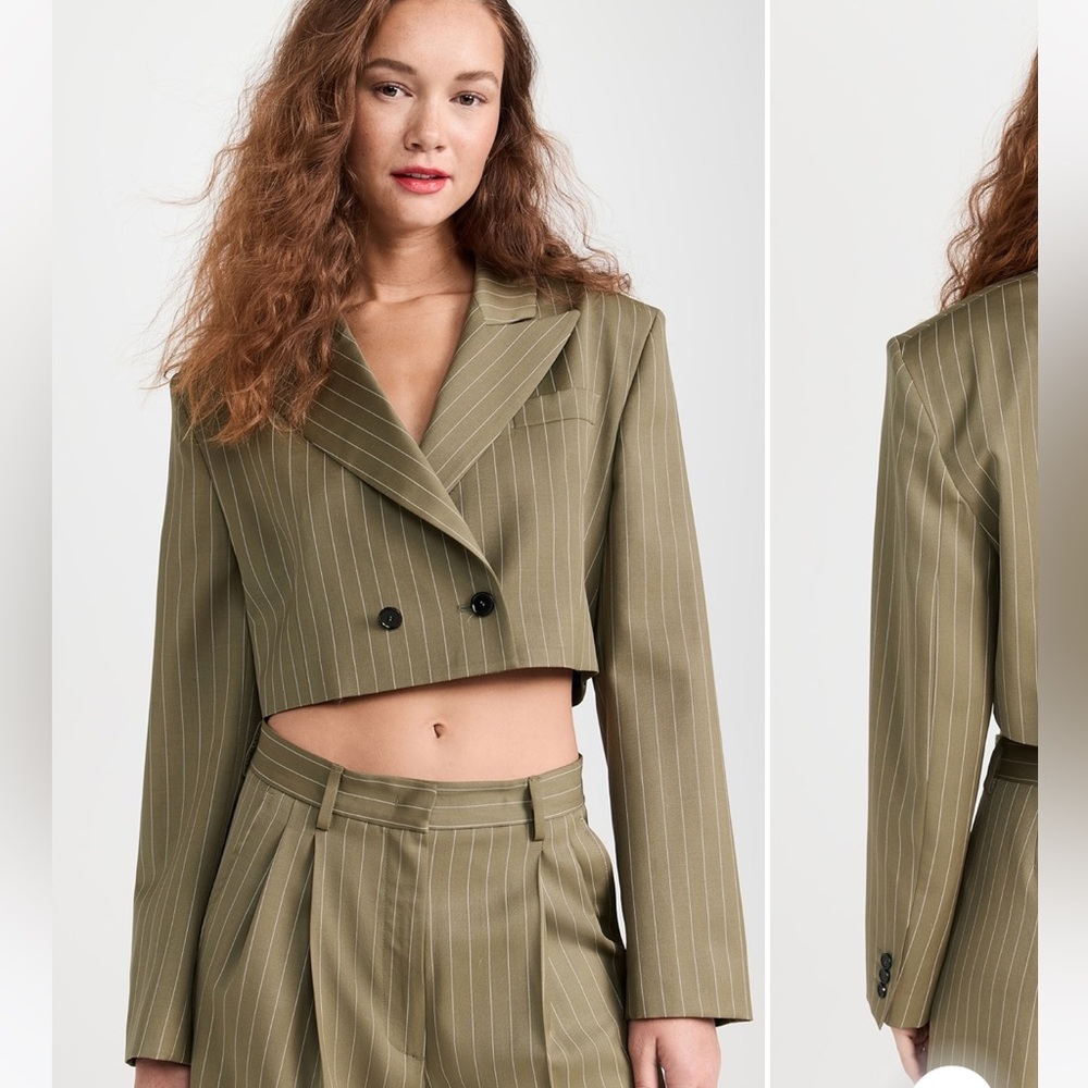 MSGM Giacca Cropped Olive Blazer Pinstripe Jacket‎